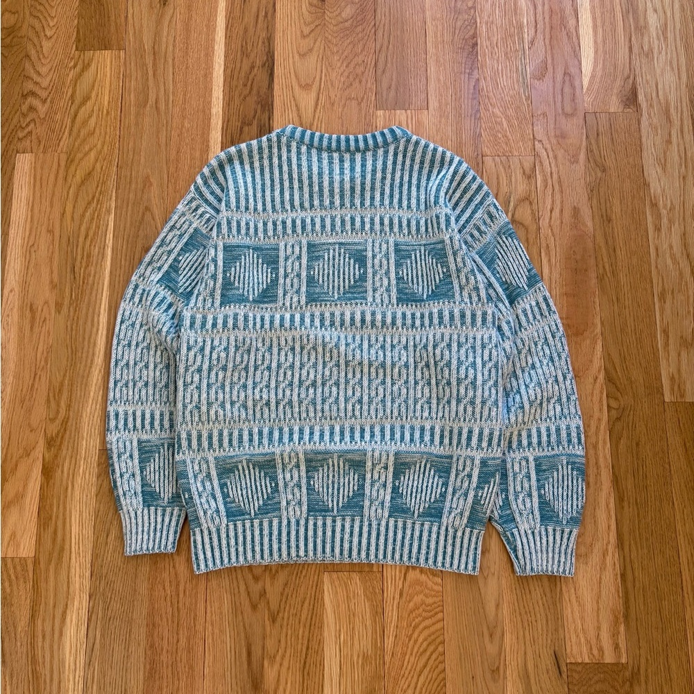Made in USA Vintage 60s Acrylic Knit Ribbed Textured Sweater Teal White Medium - Picture 2 of 9